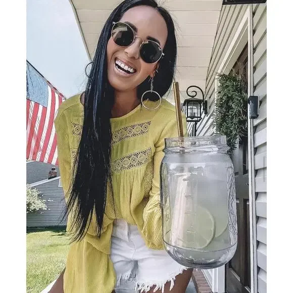 SCOOP Peasant Blouse Top w/ Crochet Trim Canary Yellow Boho Festival XS - Picture 2 of 12